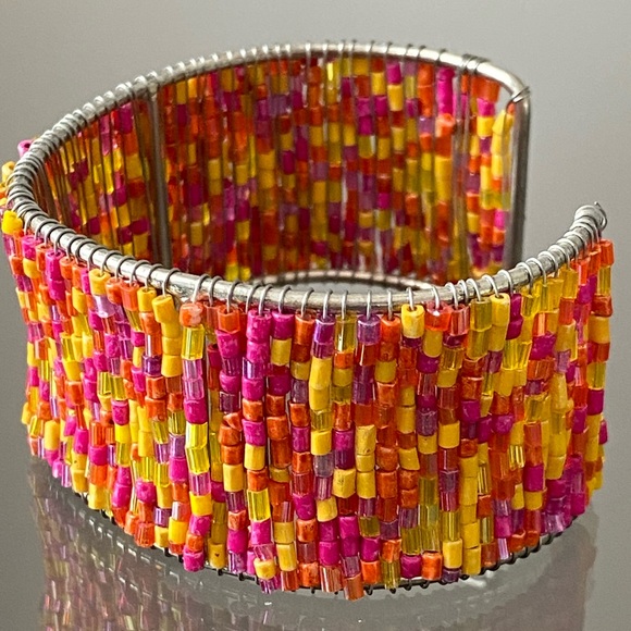 Boho Beaded Pink & Yellow Cuff Bracelet - Picture 4 of 4